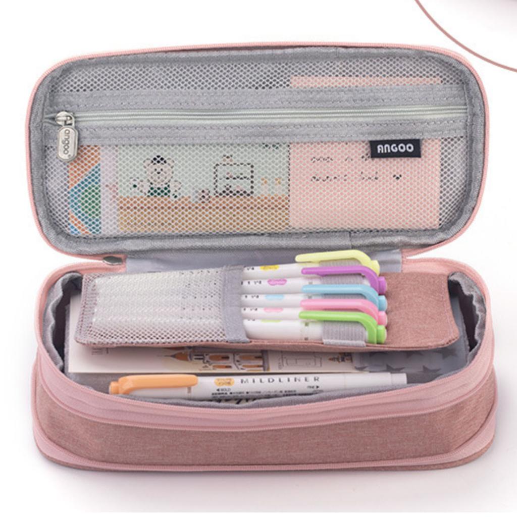 Pencil Bag 2 Tier Large Capacity Metal Zipper Mesh Pocket Portable Large Pencil Case for Students School Office Pink