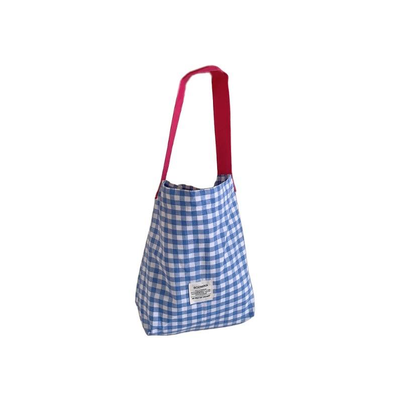 Canvas bag women's new contrasting color plaid shoulder bag college student literary commuter tote bag