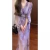 Dames Tie Dye Satin Maxi Jurk V-hals Lantaarnmouw Gerimpelde Taille Split Formele Feestjurk