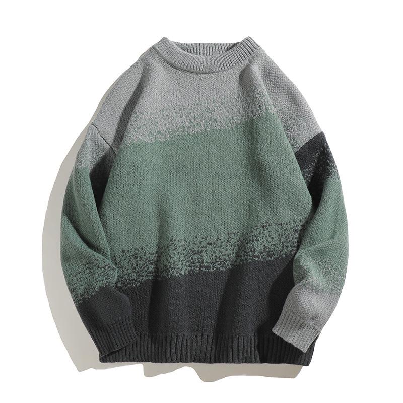 Men's Retro Gradient Contrast Long Sleeve Sweater - Winter 2026 Round Neck Warm Knitwear