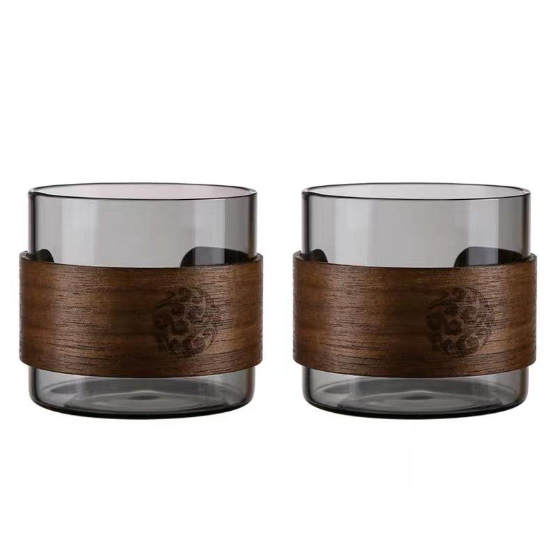 Insulated Borosilicate Glass Tea Cup with Walnut Wood Ring – Small, Multi-use for Home and Guests