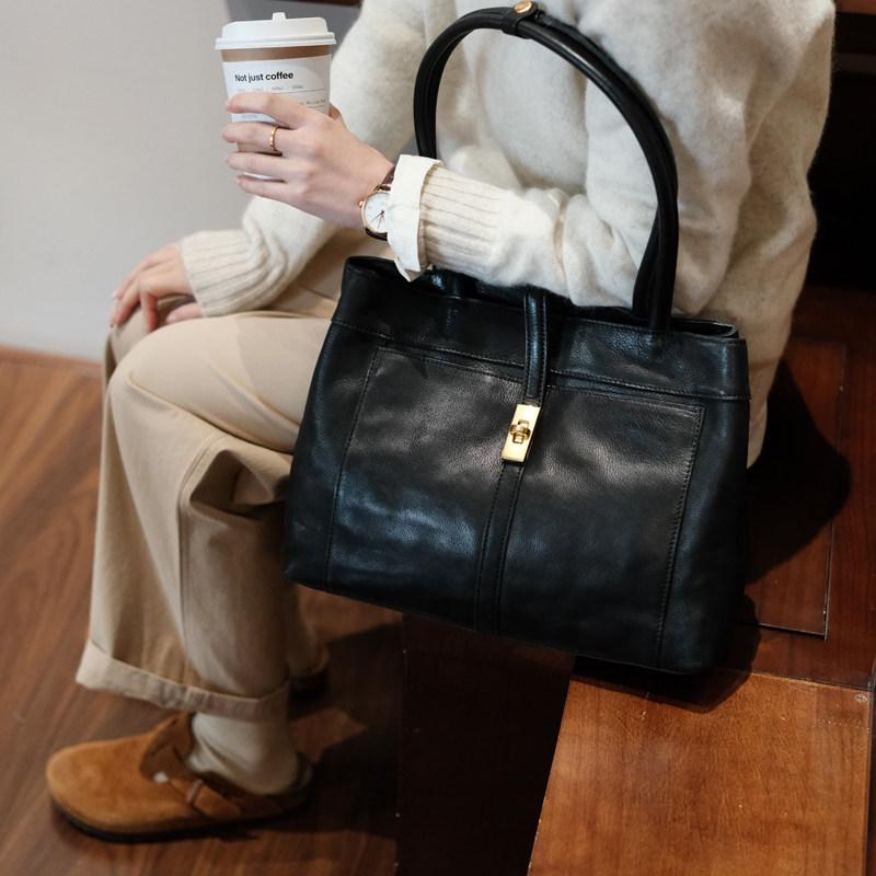 2026 Summer New Large Capacity Commuting Bag Fashionable Genuine Leather Handbag Versatile Vintage Cowhide Shoulder Bag