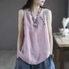 Literarische Baumwolle und Leinen Sommer Lockerer Trägerpullover Damen Dünne Asymmetrische Bluse Knopfdekoration Nähte