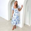 Summer Women's Fashion Print Pleated with Belt Ankel-Length V-Neck Dress