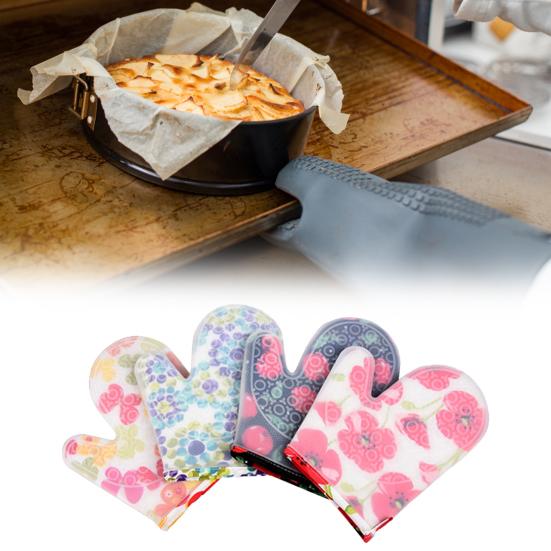 

Daily Cotton Lining Skin-friendly Wide Application Non-Slip Clear Silicone Baking Mitts for Kitchen Silicone Gloves