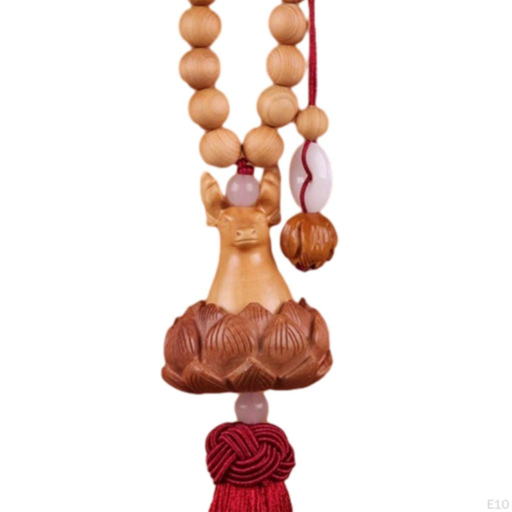Lotus Beaded Car Pendant Rear View Mirror Statue, Wooden Sculpture Hanging Decoration