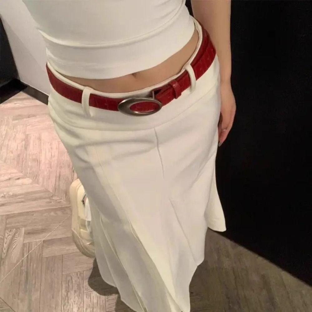 Adjustable Women's Crocodile-patterned Belt Red Black Simple Pin Buckle Metal Buckle Vintage Belt Imitation Leather Waist Belt
