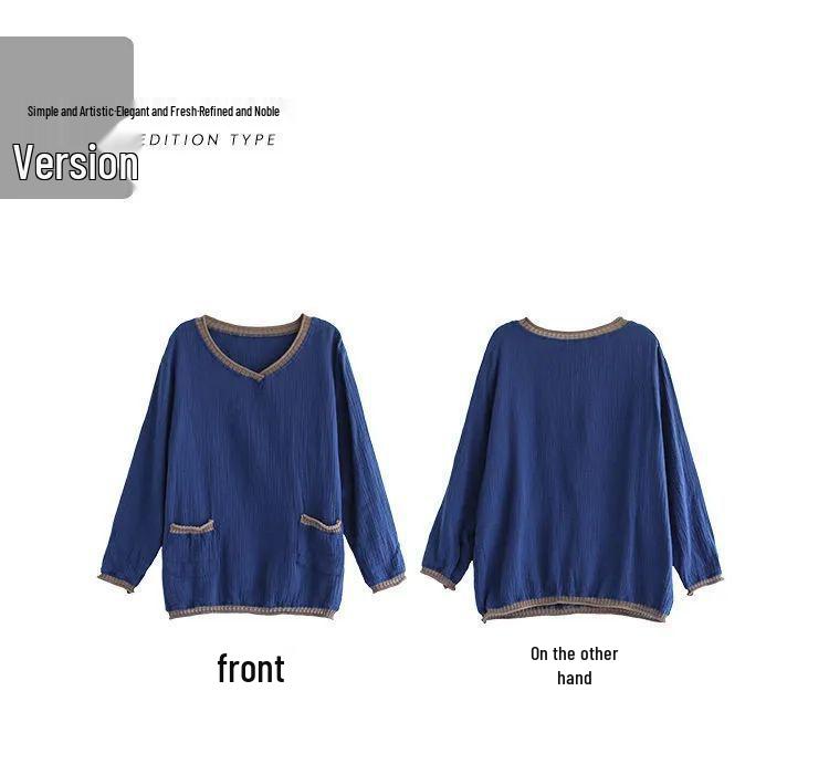 Plus Size Retro V-Neck Cotton Linen T-Shirt for Spring/Autumn - Long Sleeve, Loose Fit, Versatile Pullover for Women