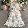 French temperament lace-up V-neck short-sleeved dress for women's summer elastic waist and thin big pendulum ruffle edge long skirt