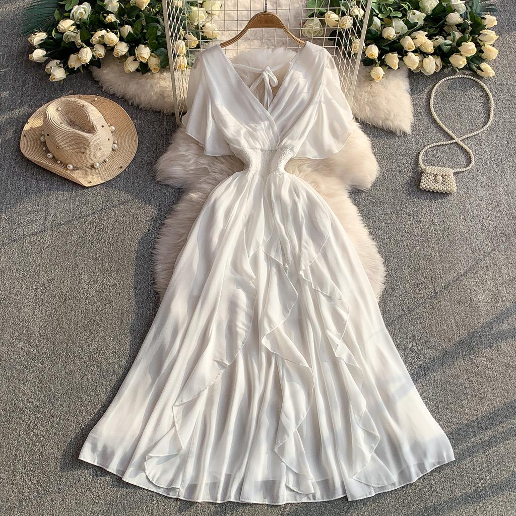 French temperament lace-up V-neck short-sleeved dress for women's summer elastic waist and thin big pendulum ruffle edge long skirt