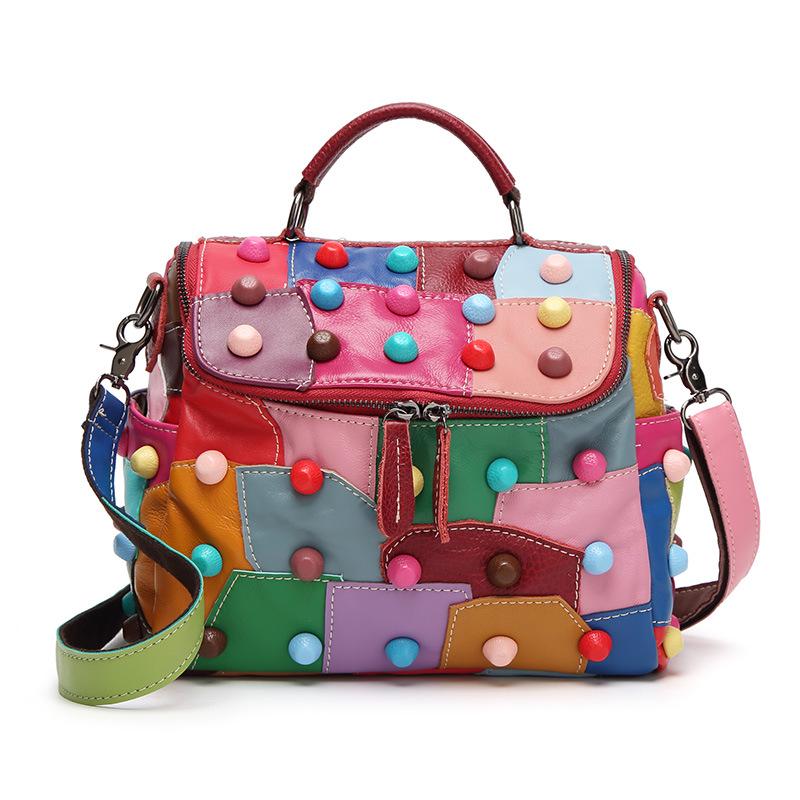 

Handbag Featuring a Geometric Design, Removable Shoulder Strap, Zip Closure Versatile Messenger Bag Patchwork And Rivet Embellishments