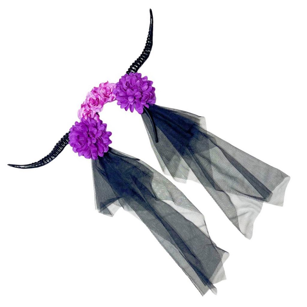 Devil Horn Flower Headband with Veil Cosplay Costume Hairband Dark Series Hairhoop Day of the Death Hairband for Women