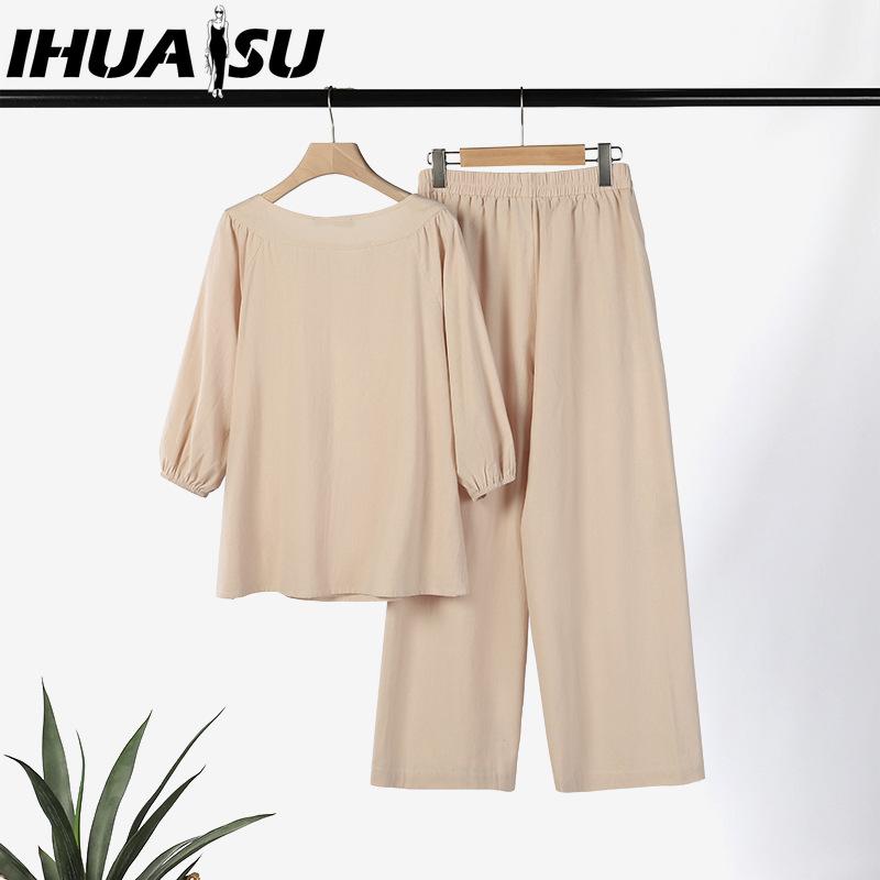 IHUASU Plus Size Women Casual Button Mid Sleeve Pocket Solid Colour Cotton V-Neck Top Pants Set