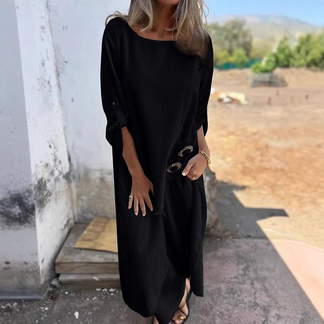

Spring Summer 2 Pcs/Set Women Top Pants Suit Ninth Sleeves with Cufflink Irregular Ripped Mid Length Blouse Wide Leg Trousers Set Casual Daily Outfit XXXL чёрный