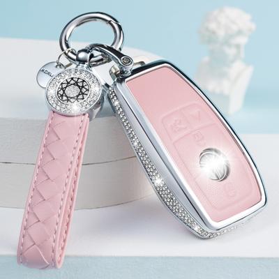 Für Mercedes Benz Schlüsselanhängerhülle mit Schlüsselring, Rosa Echtes Leder Kristall Schlüsselhülle Schutzhülle Kompatibel mit A C G E S