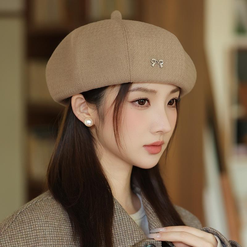 Korean Casual Bow Beret Women's Autumn and Winter New Style Face-showing Small Pumpkin Hat Warm and Versatile Octagonal Bud Hat