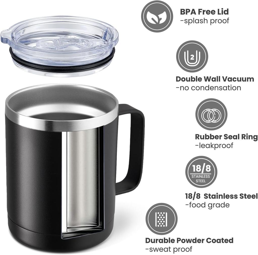 Isolierter Kaffeebecher aus Edelstahl mit Griff, 12 oz 360 ml Tumbler-Becher mit Deckel für heiße und kalte Getränke, kleiner Becher