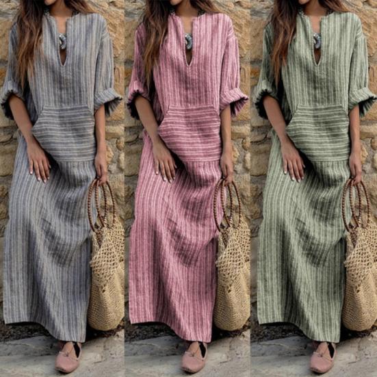 Vintage Stripe Print V-Neck Long Sleeve Women Loose Cotton Linen Maxi Dress