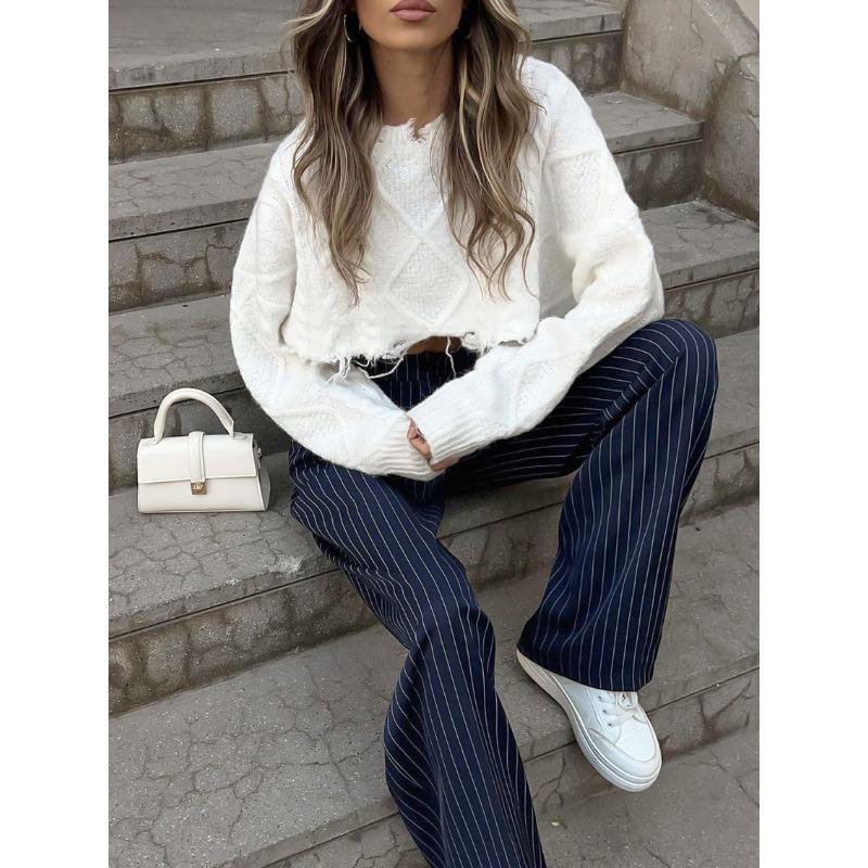 Women Elastic Waist Wide Leg Trousers With Pockets Casual Loose Pants Vintage High Waist Trousers Chic Straight Pants Pinstripe Office Wear Pants