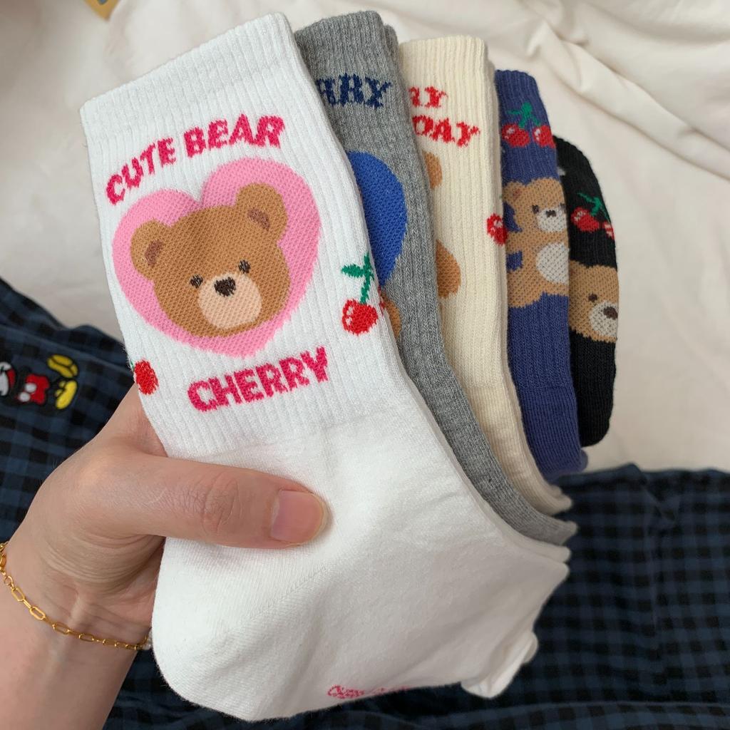 Björnsockor Dam Mellanhöga Trendig Tjej Söt Mönster Illustration Tecknad Par Mellanhöga Sockor