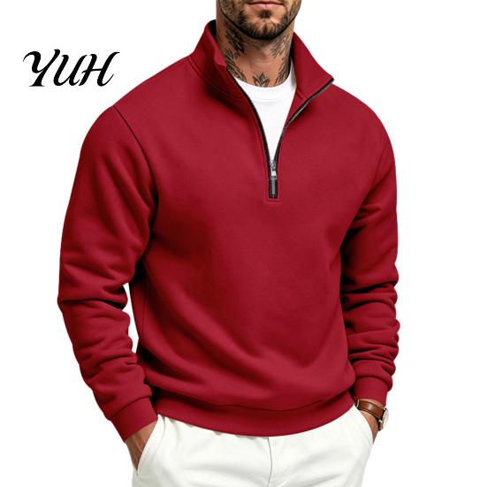 Outdoor Fitness Clothing Mens Quarter Zip Sweatshirt, Stand Collar Athletic Fleece Pullover, Ribbed Hem Cuffs, Lightweight Fall Sweatshirt Long Sleeve