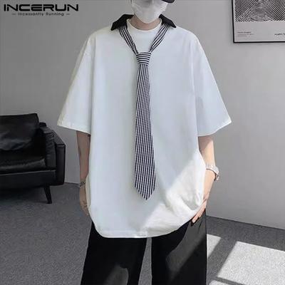 T-shirts Tops Décontractés Amples Patchwork Manches Courtes Col à Nouer pour Hommes