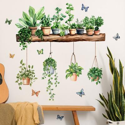 3D Potted Green Plant Shelf Wall Decals Green Botanical Tropical Succulent Wall Stickers for Living Room Kitchen Home Decor