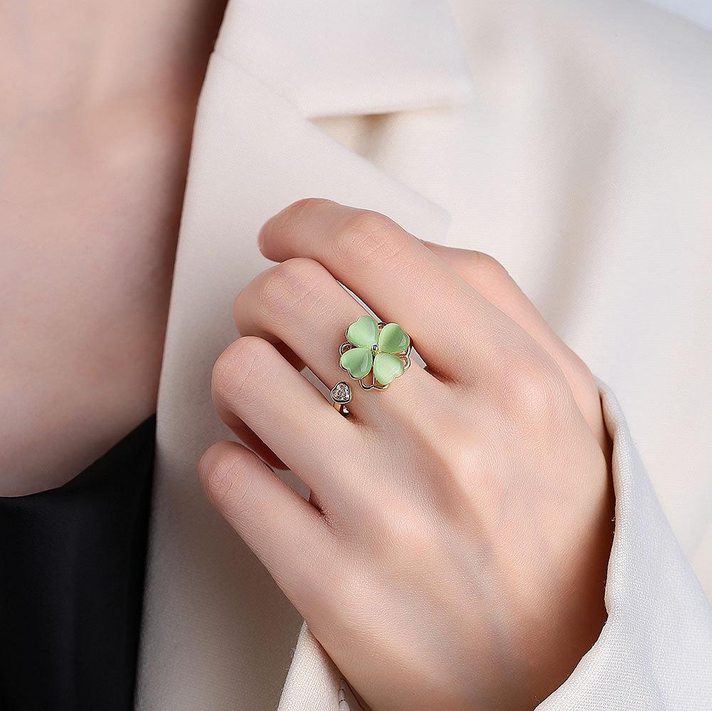 Green Cat Eye Clover Adjustable Ring With Geometric Design For Womens Fashion Accessories