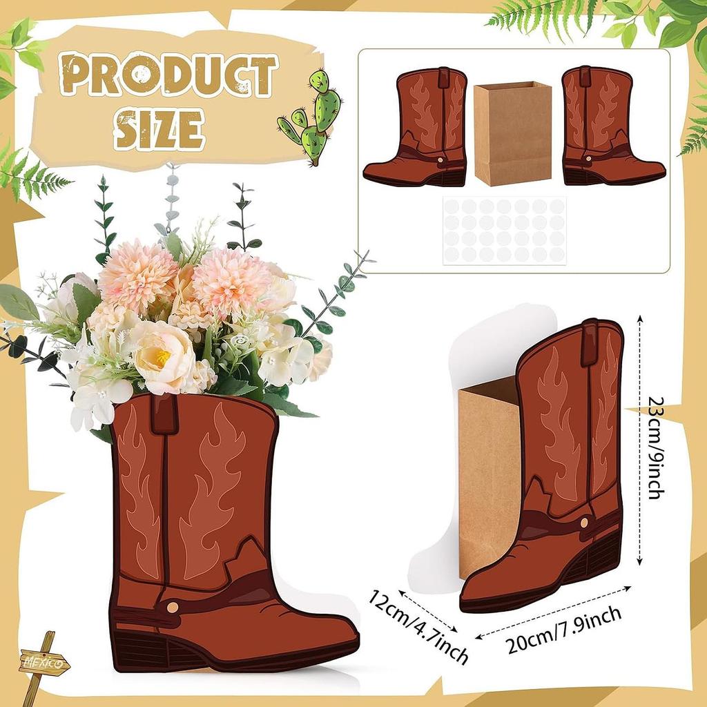 6 Pieces Western Cowboy Boots Flower Boxes Artwork Theme Party Decorations for TV Cabinet Bedroom Cafe Holiday Living Room