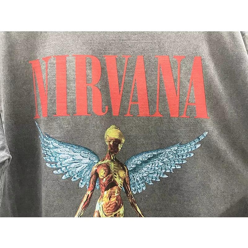 Nirvana Angel Graphic Vintage Washed T-Shirt, Retro Rock Band Oversized Cotton Tee, Streetwear Tops