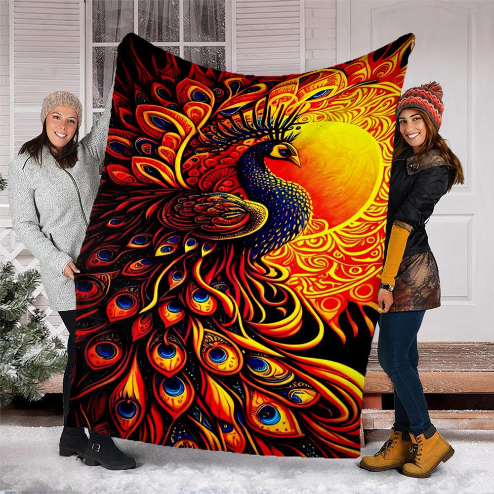 1pc Peacock Feather Print Print Outdoor Blanket, Lightweight Polyester,