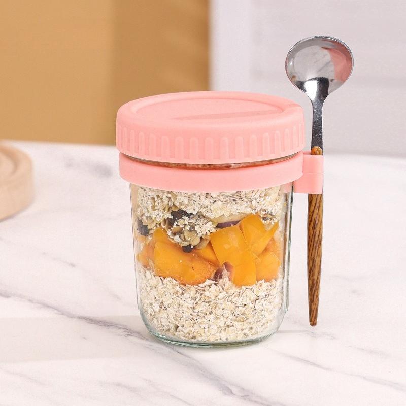 

350ML Overnight Oat Cup Glass With Lid And Spoon Seal Food Breakfast Cup Portable Cereal Milk Salad Yogurt Cup Kitchen Item Cup 350ml розовый