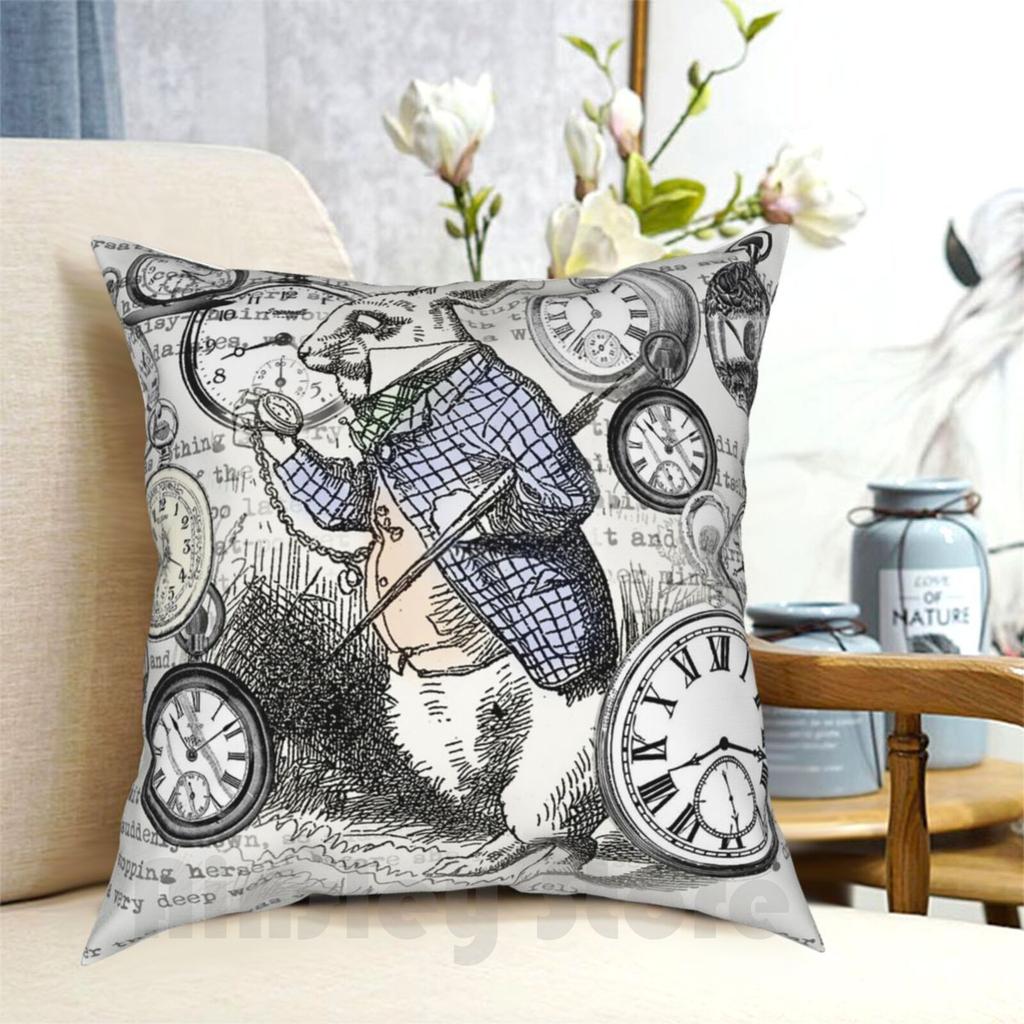 White Rabbit Alice In Watches Time Pillow Case Printed Home Soft DIY Pillow Cover Alice Alice In Rabbit White Rabbit Once