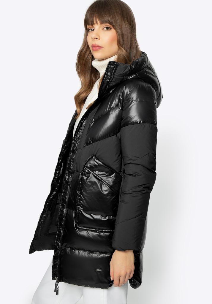 Manteau d'hiver matelassé pour femme Wittchen en matériaux combinés avec capuche, Nylon Noir
