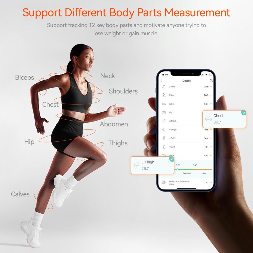 Fitdays Smart Body Tape Measure Body Fat BMI Tool with LED and Tracking and Diet Tracker Fitdays App Sync Bluetooth Connectivity Auto-Recovery