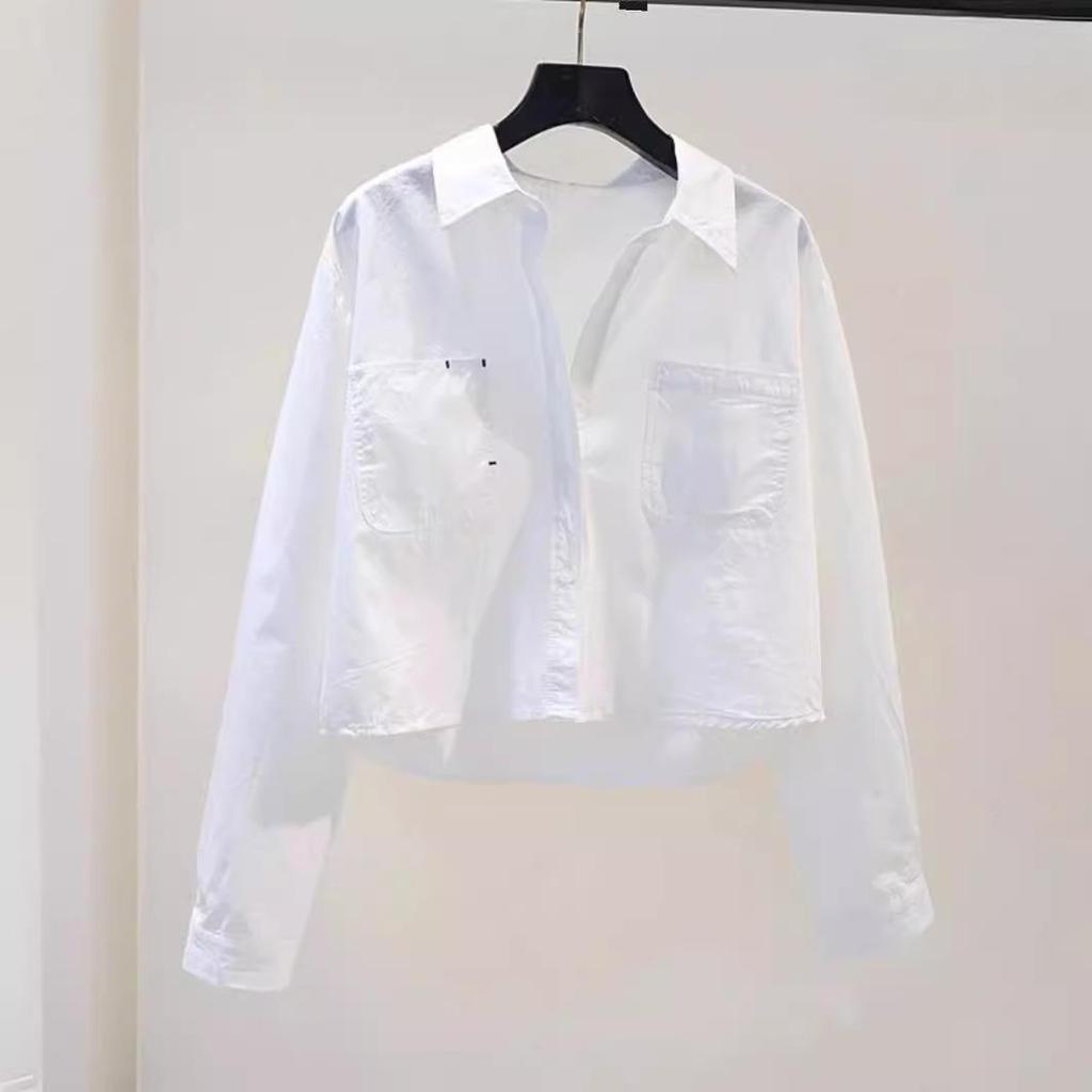 2026 Spring/Autumn Women’s Fresh Light Blue Double Pocket Loose Long Sleeve Crop Shirt