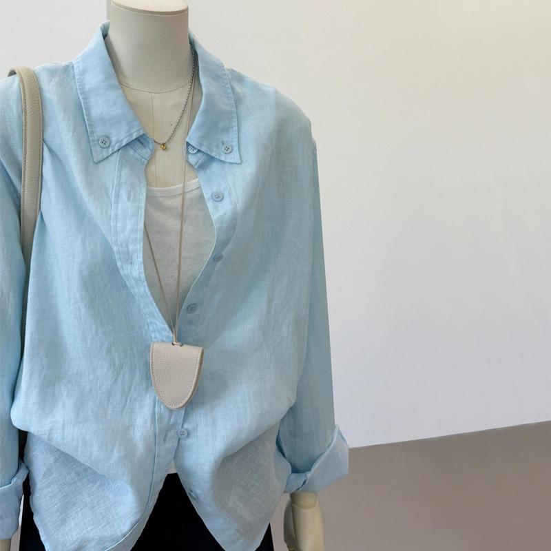women solid color linen button up shirt long sleeve loose fit casual point collar blouse S синий
