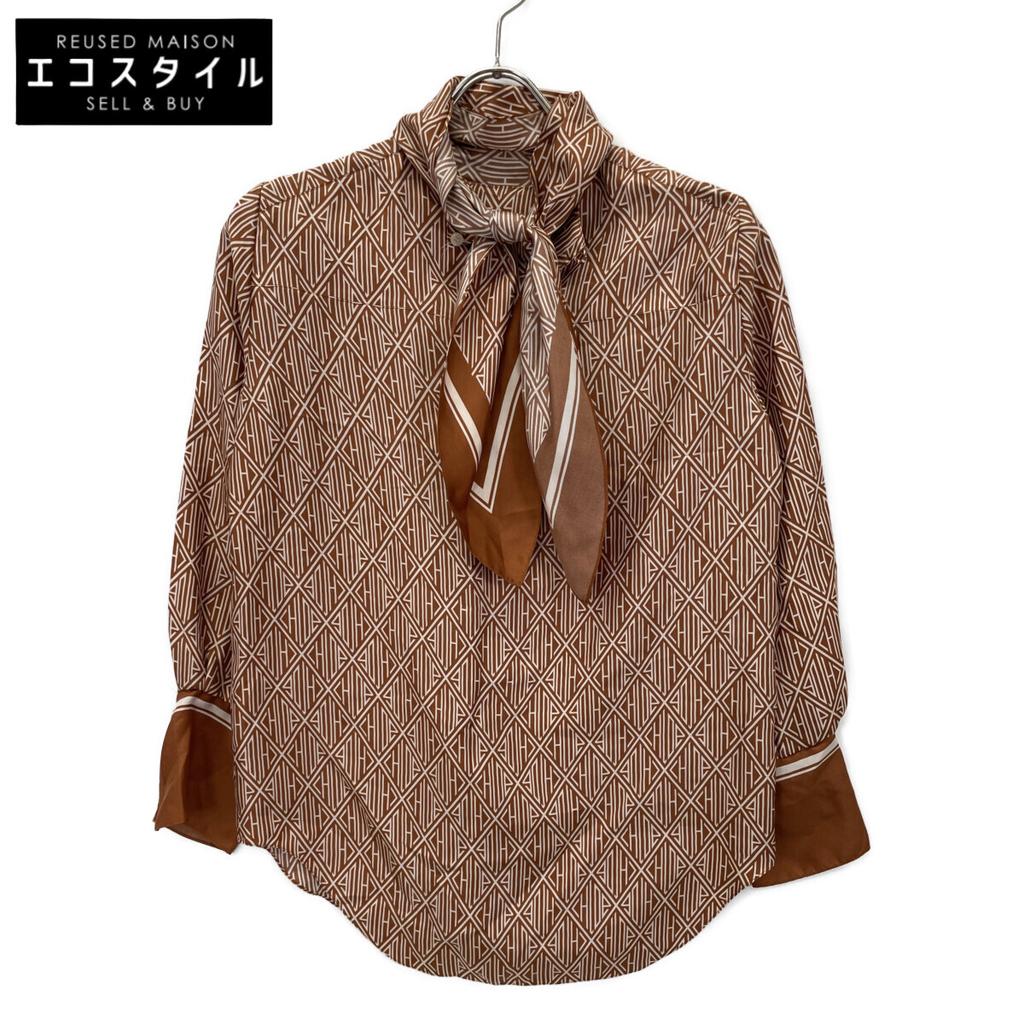 Chloe [Domestic Regular] All-over Print 100% Silk Bow Tie Blouse/ Tops 34 Sunset brownUsed
