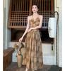New Chinese-style neck sling v-neck dress for women, summer backless waist sexy long dress, coffee color a-word dress for women