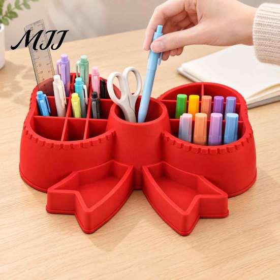Compact Stationery Organizer for Kids Cute Bow Pen Holder, 3D Printed Pencil Stand, Multi-compartment Desk Decorative Desktop Storage Studio