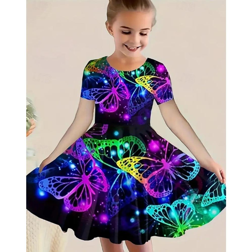 Girls 3D Print Dresses Kids Girl Party Short Sleeve Princess Dress Tank 3D  Peacock Feather  Print Dress 80