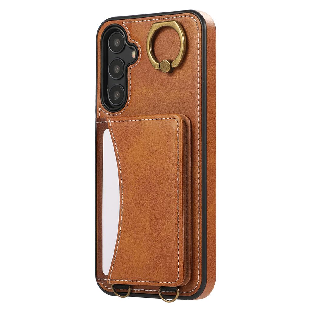 For Samsung Galaxy A24 4G (162.1x77.6x8.3mm) PU Leather Back Case Card Holder Kickstand Phone Cover with Wrist Strap