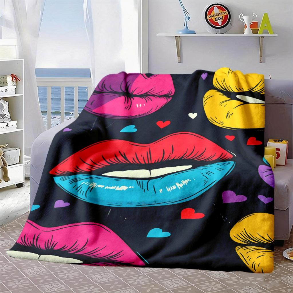 2026 New Arrivals 1pc Colorful Lips & Hearts Pattern Flannel Throw Blanket - Lightweight Soft Warm Winter Blanket for Sofa, Camping, Office, Chair, Be