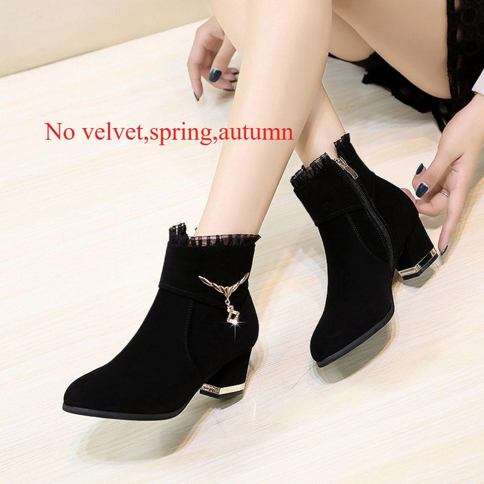 Fashion Rhinestone Woman Short Shoes Suede Chunky Heel Fashion  Booties