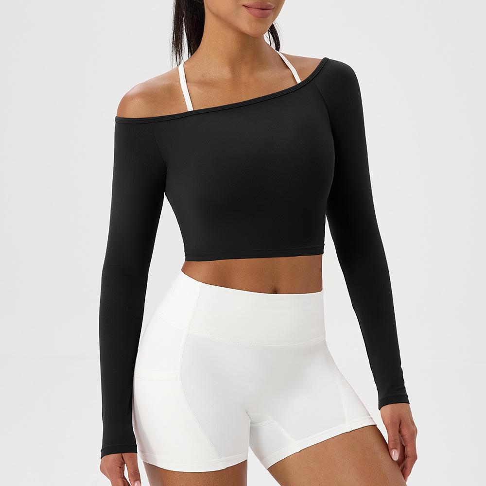 Women's European & American One-Shoulder Yoga Long Sleeve Top - Sexy, Tight-Fitting, Quick-Drying Fitness Wear with Nude Feel