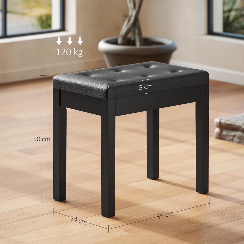 Piano Bench Artificial Leather Upholstery Quilted Buttons Storage Space Wooden Legs Black