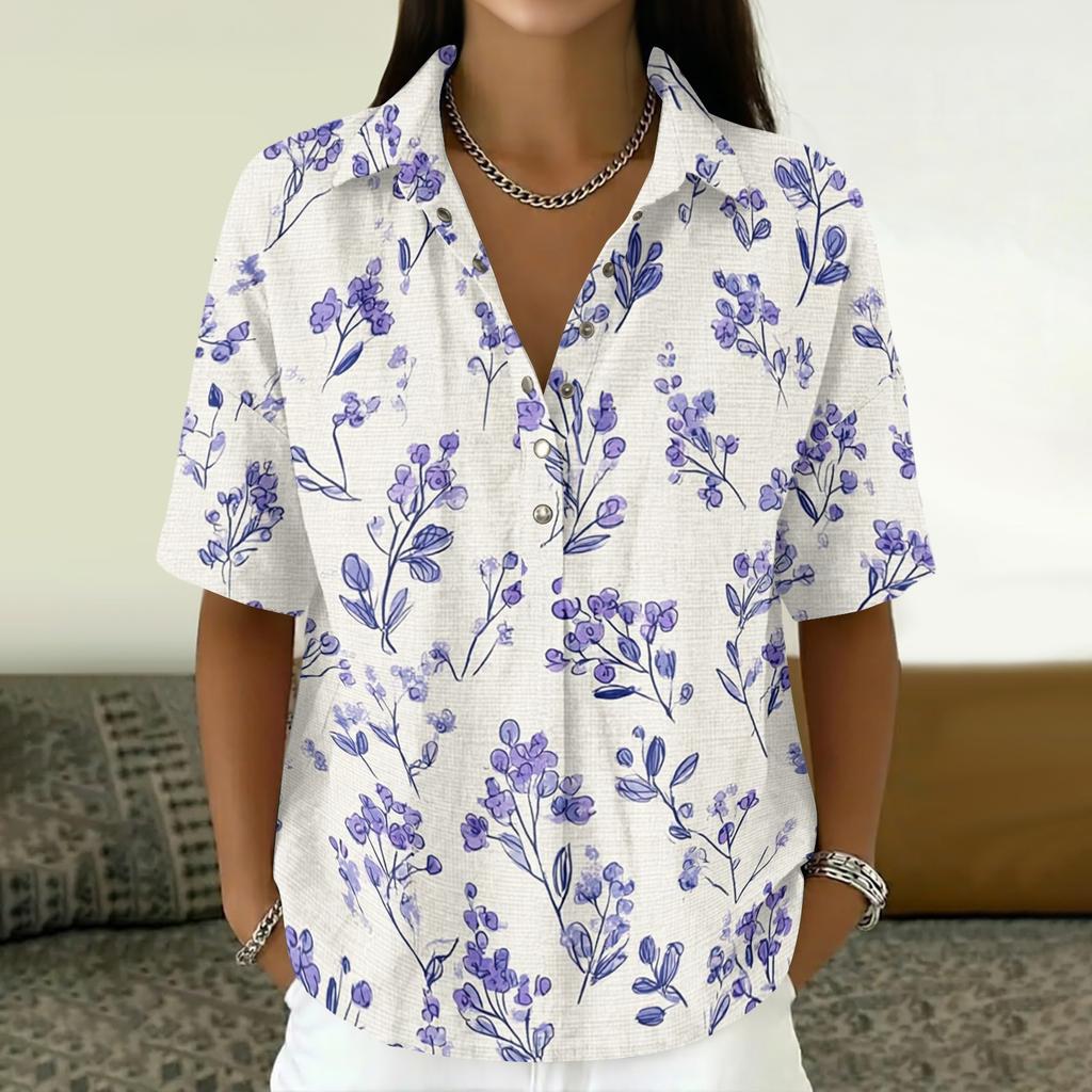 Damen Mode Polo Kragen Knopf Vintage Blumendruck Locker Geschnitten Kurzarm T-Shirt Leinenmischung Lässiges Oberteil für den Sommer