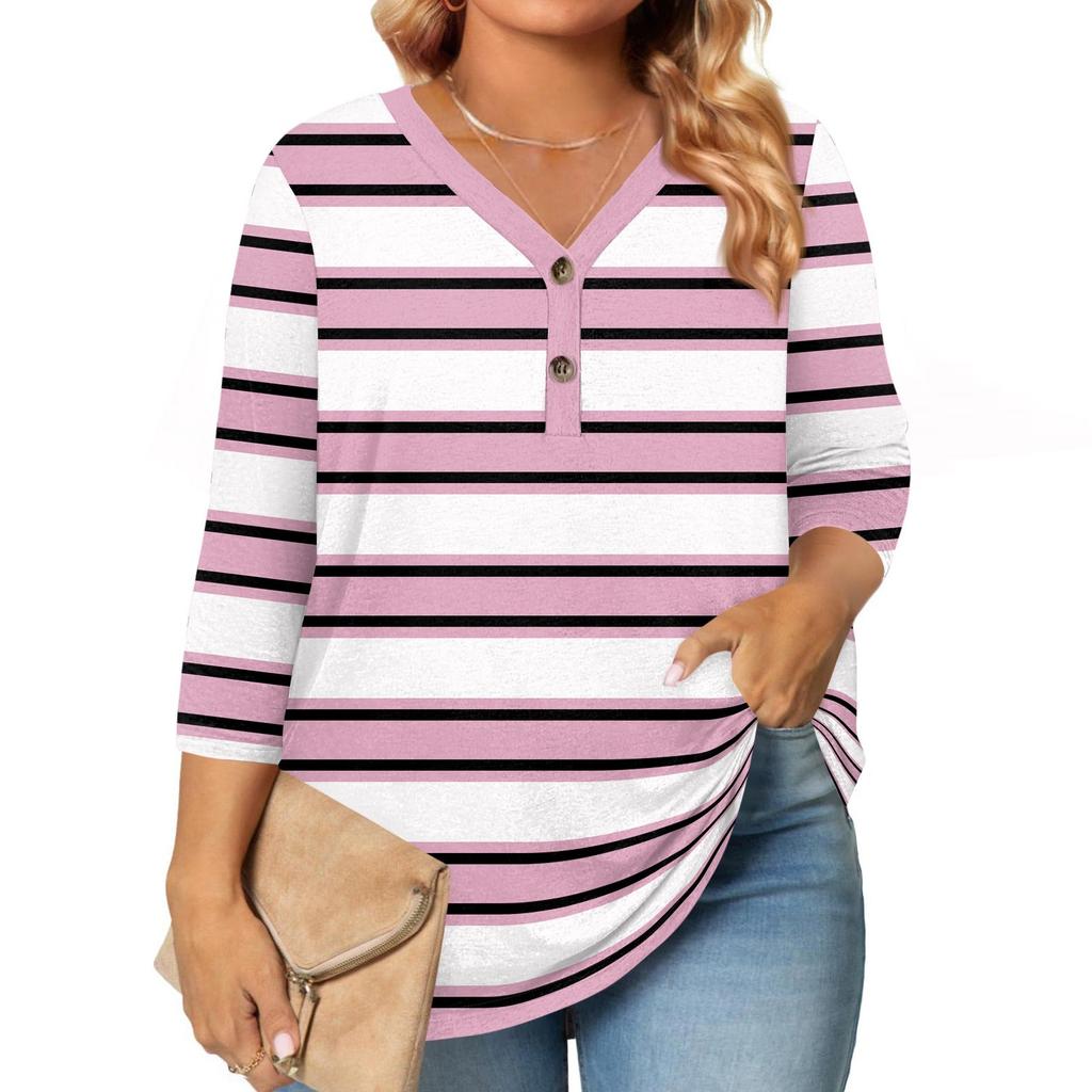 3/4 Length Sleeve Womens Tops Plus Size Button Down V Neck Shirts Blouses Casual Print Loose