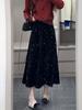 Women's Black Sequined Velvet Midi Skirt - Fashionable and Elegant for Spring and Autumn