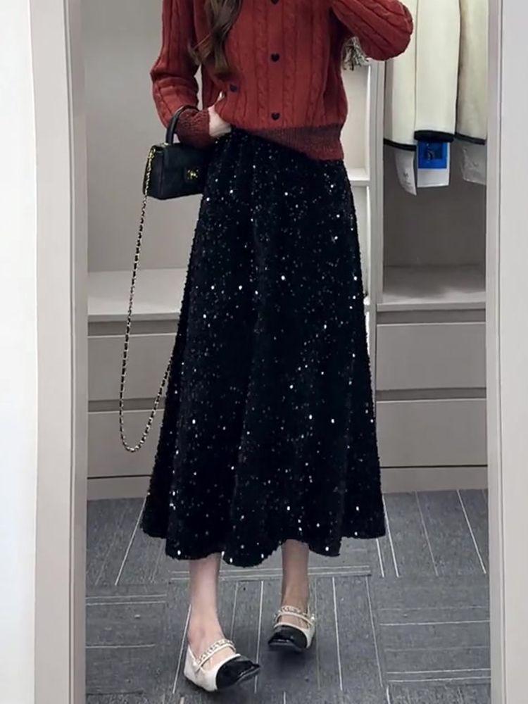 Women's Black Sequined Velvet Midi Skirt - Fashionable and Elegant for Spring and Autumn